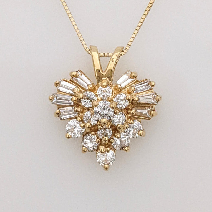 14K 1.00 CARAT TOTAL WEIGHT SI2 H DIAMOND ROUND (12) BAGUETTE (8) ESTATE HEART PENDANT & CHAIN 4.3 GRAMS