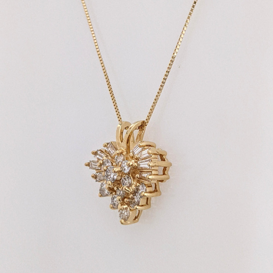 14K 1.00 CARAT TOTAL WEIGHT SI2 H DIAMOND ROUND (12) BAGUETTE (8) ESTATE HEART PENDANT & CHAIN 4.3 GRAMS