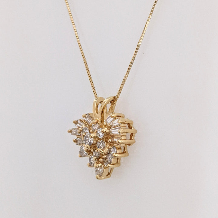 14K 1.00 CARAT TOTAL WEIGHT SI2 H DIAMOND ROUND (12) BAGUETTE (8) ESTATE HEART PENDANT & CHAIN 4.3 GRAMS