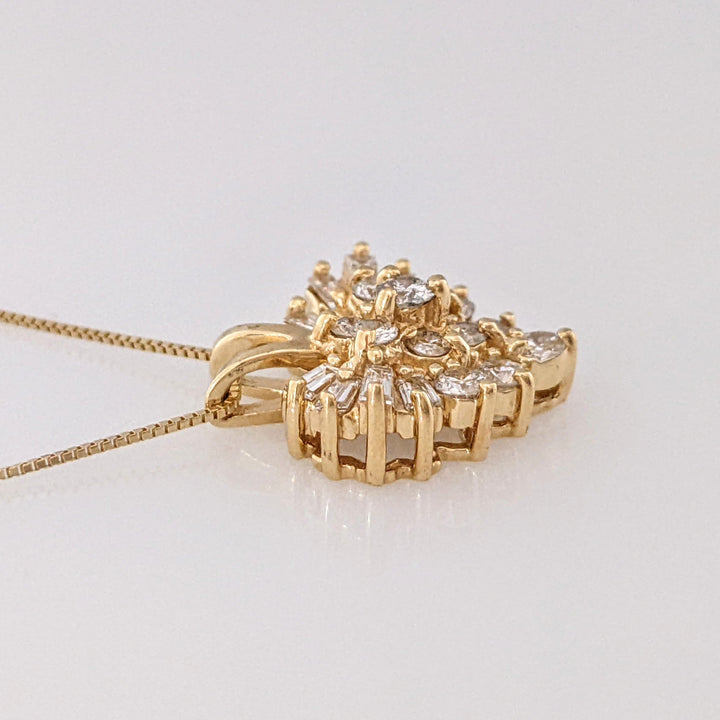 14K 1.00 CARAT TOTAL WEIGHT SI2 H DIAMOND ROUND (12) BAGUETTE (8) ESTATE HEART PENDANT & CHAIN 4.3 GRAMS