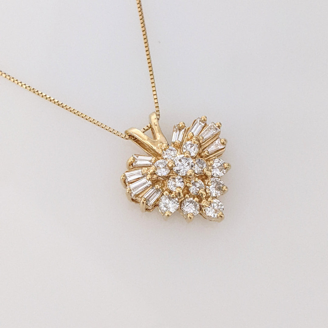 14K 1.00 CARAT TOTAL WEIGHT SI2 H DIAMOND ROUND (12) BAGUETTE (8) ESTATE HEART PENDANT & CHAIN 4.3 GRAMS