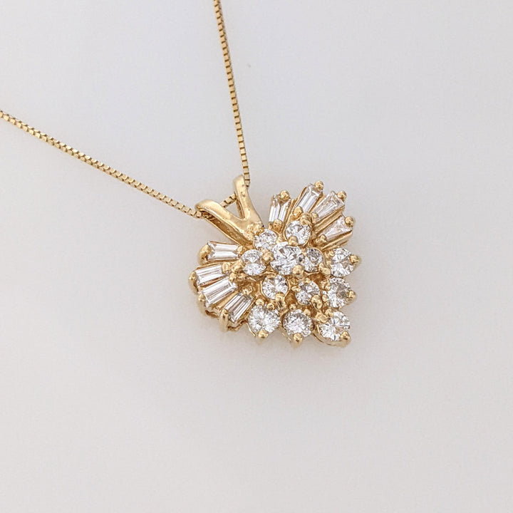 14K 1.00 CARAT TOTAL WEIGHT SI2 H DIAMOND ROUND (12) BAGUETTE (8) ESTATE HEART PENDANT & CHAIN 4.3 GRAMS