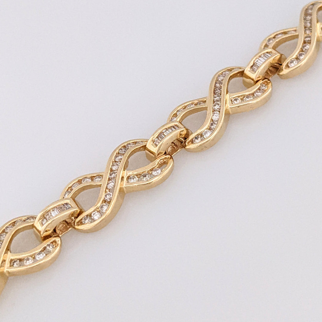 14K 2.13 CARAT TOTAL WEIGHT SI2 I DIAMOND ROUND/ BAGUETTE (213) ESTATE INFINITY BRACELET 16.1 GRAMS