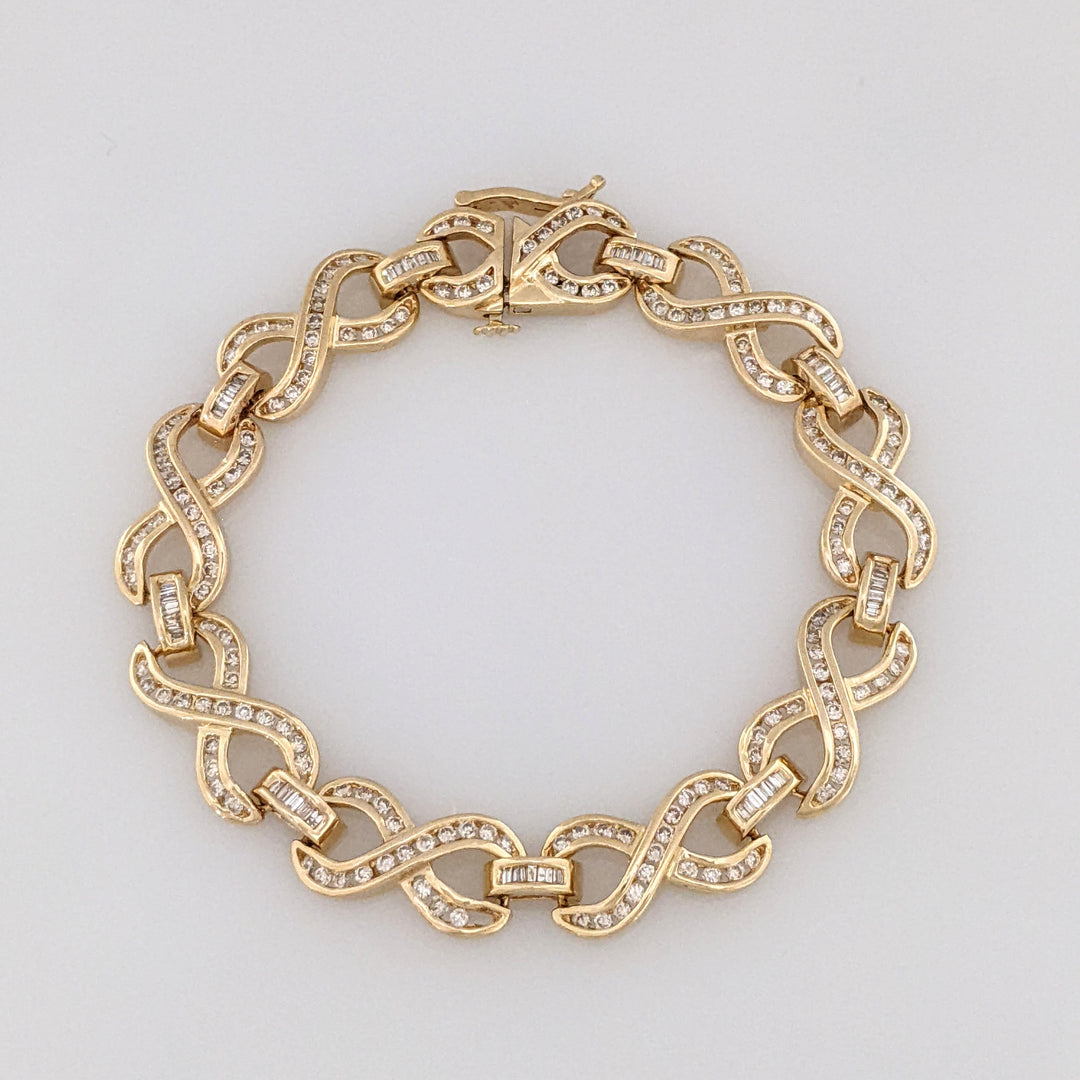 14K 2.13 CARAT TOTAL WEIGHT SI2 I DIAMOND ROUND/ BAGUETTE (213) ESTATE INFINITY BRACELET 16.1 GRAMS