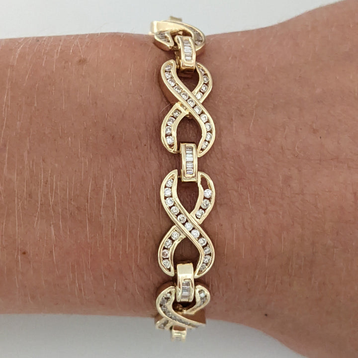 14K 2.13 CARAT TOTAL WEIGHT SI2 I DIAMOND ROUND/ BAGUETTE (213) ESTATE INFINITY BRACELET 16.1 GRAMS