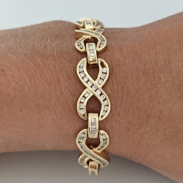 14K 2.13 CARAT TOTAL WEIGHT SI2 I DIAMOND ROUND/ BAGUETTE (213) ESTATE INFINITY BRACELET 16.1 GRAMS