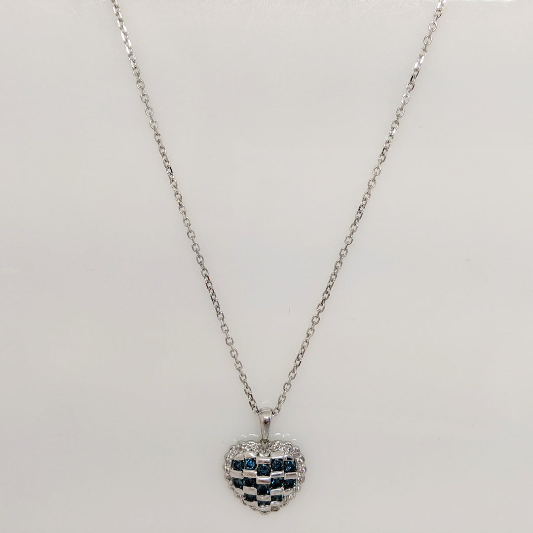 14K WHITE 1.01 CARAT TOTAL WEIGHT DIAMOND ROUND (13) BLUE I1 (21) DIAMOND ESTATE HEART PENDANT & CHAIN 5.6 GRAMS