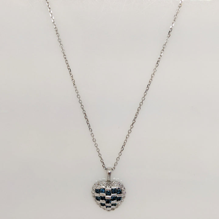 14K WHITE 1.01 CARAT TOTAL WEIGHT DIAMOND ROUND (13) BLUE I1 (21) DIAMOND ESTATE HEART PENDANT & CHAIN 5.6 GRAMS