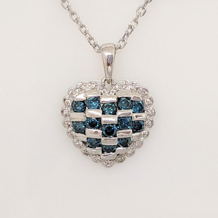 14K WHITE 1.01 CARAT TOTAL WEIGHT DIAMOND ROUND (13) BLUE I1 (21) DIAMOND ESTATE HEART PENDANT & CHAIN 5.6 GRAMS
