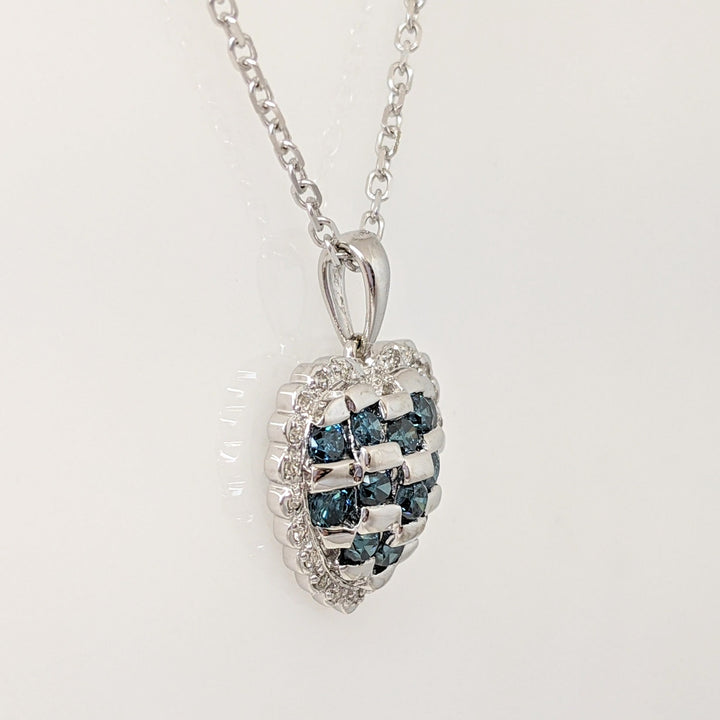 14K WHITE 1.01 CARAT TOTAL WEIGHT DIAMOND ROUND (13) BLUE I1 (21) DIAMOND ESTATE HEART PENDANT & CHAIN 5.6 GRAMS