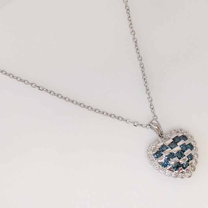14K WHITE 1.01 CARAT TOTAL WEIGHT DIAMOND ROUND (13) BLUE I1 (21) DIAMOND ESTATE HEART PENDANT & CHAIN 5.6 GRAMS