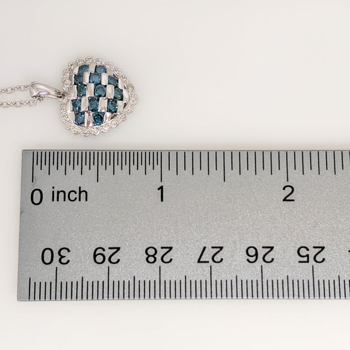 14K WHITE 1.01 CARAT TOTAL WEIGHT DIAMOND ROUND (13) BLUE I1 (21) DIAMOND ESTATE HEART PENDANT & CHAIN 5.6 GRAMS