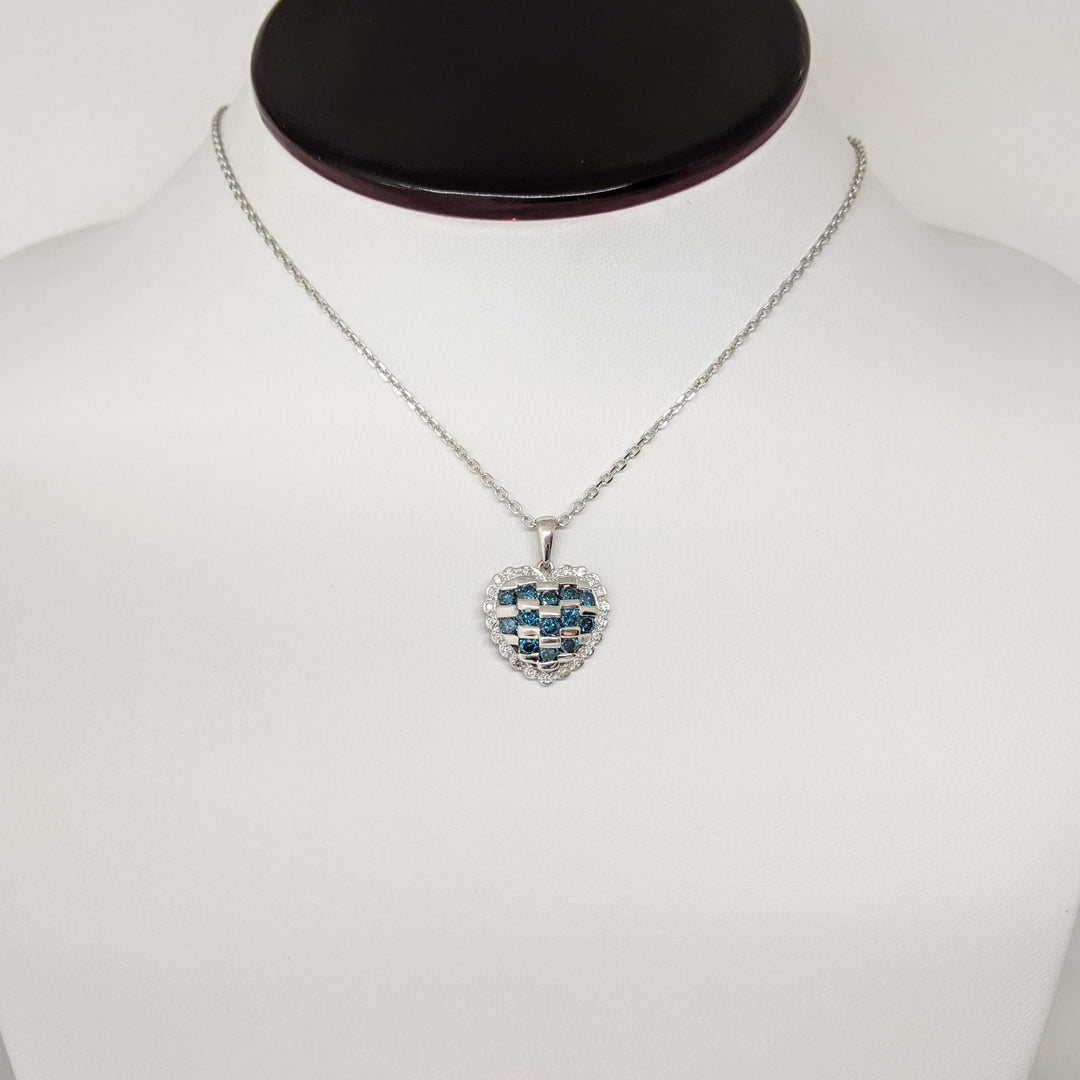 14K WHITE 1.01 CARAT TOTAL WEIGHT DIAMOND ROUND (13) BLUE I1 (21) DIAMOND ESTATE HEART PENDANT & CHAIN 5.6 GRAMS