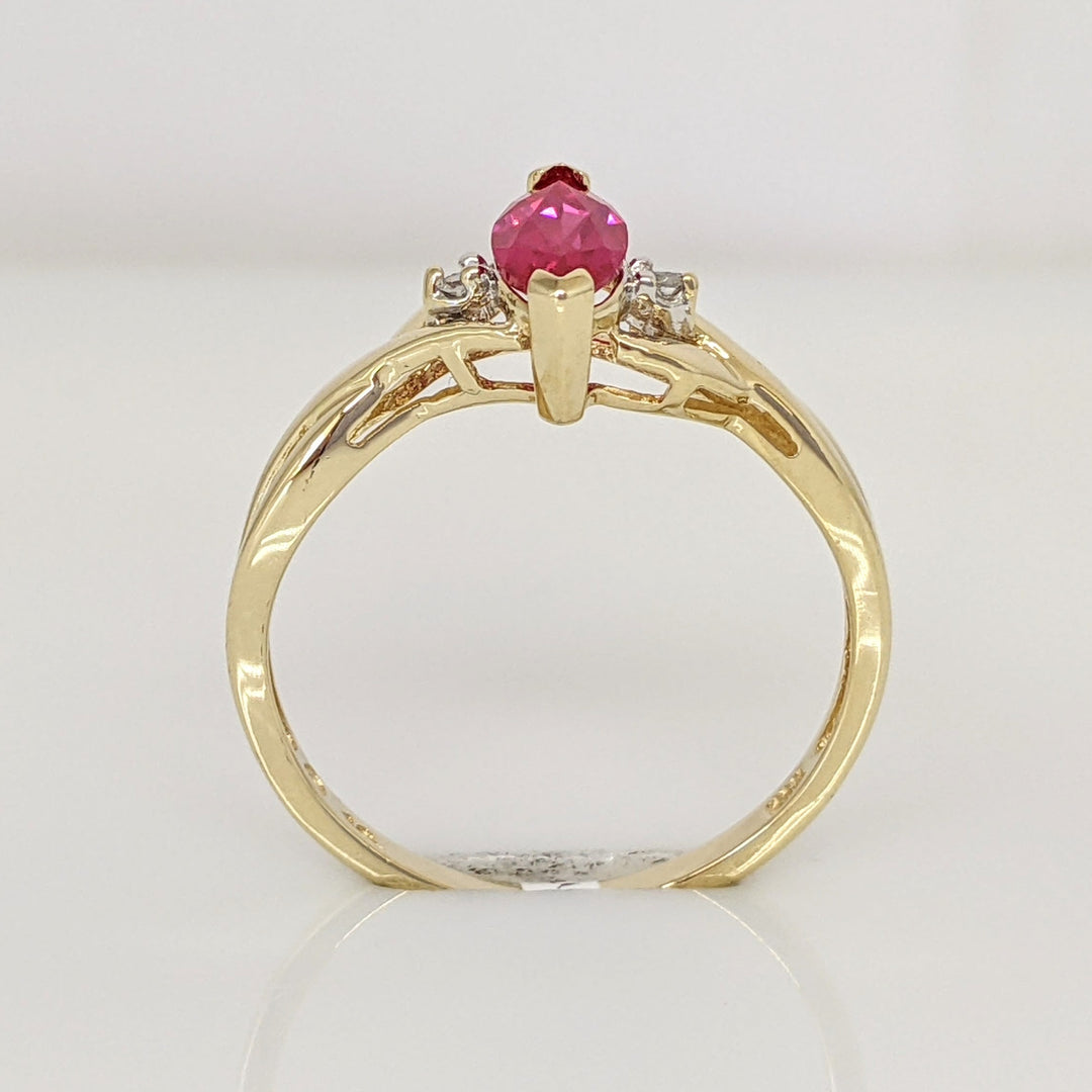 10K SYNTHETIC RUBY MARQUISE 4X8 WITH (2) MELEE ESTATE RING 1.4 GRAMS