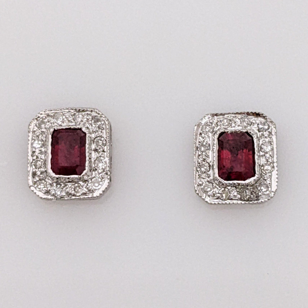 14K WHITE RUBY EMERALD CUT 3X4 WITH MELEE HALO FRAMED ESTATE EARRINGS 1.3 GRAMS