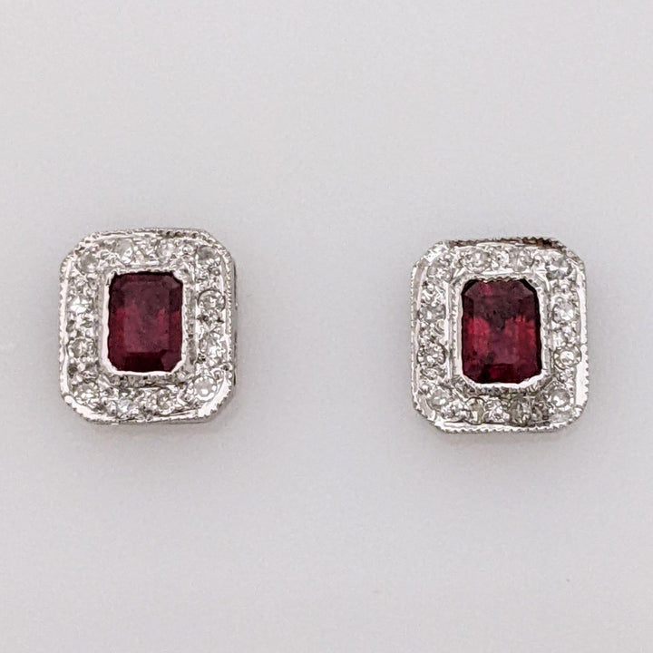 14K WHITE RUBY EMERALD CUT 3X4 WITH MELEE HALO FRAMED ESTATE EARRINGS 1.3 GRAMS