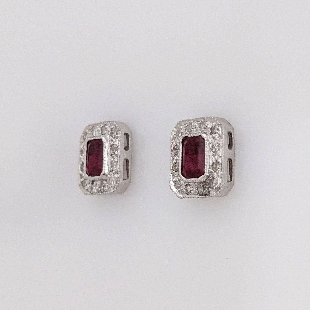 14K WHITE RUBY EMERALD CUT 3X4 WITH MELEE HALO FRAMED ESTATE EARRINGS 1.3 GRAMS