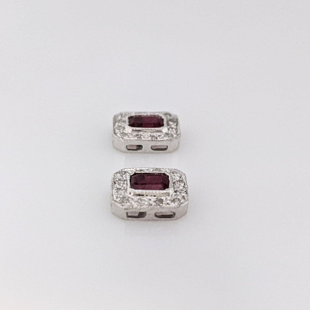 14K WHITE RUBY EMERALD CUT 3X4 WITH MELEE HALO FRAMED ESTATE EARRINGS 1.3 GRAMS