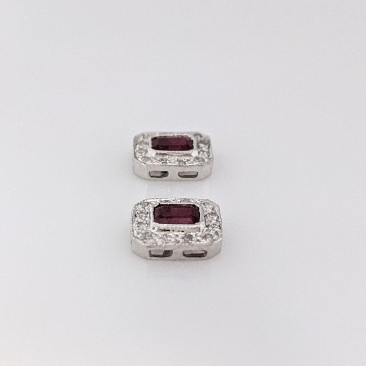 14K WHITE RUBY EMERALD CUT 3X4 WITH MELEE HALO FRAMED ESTATE EARRINGS 1.3 GRAMS