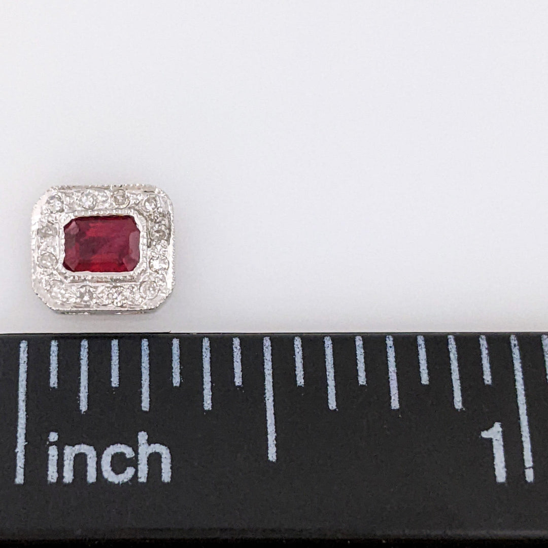 14K WHITE RUBY EMERALD CUT 3X4 WITH MELEE HALO FRAMED ESTATE EARRINGS 1.3 GRAMS