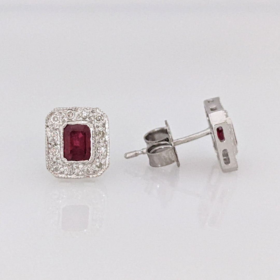 14K WHITE RUBY EMERALD CUT 3X4 WITH MELEE HALO FRAMED ESTATE EARRINGS 1.3 GRAMS