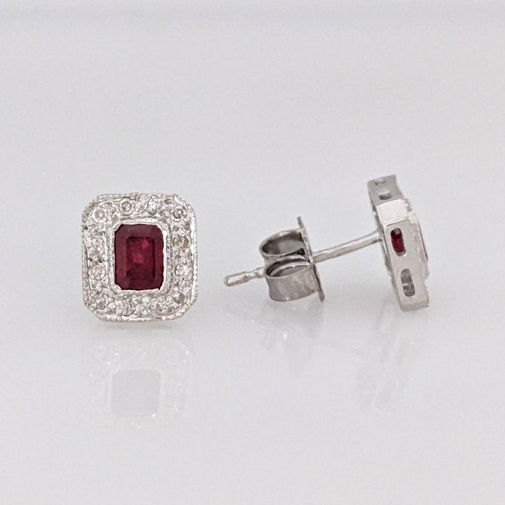 14K WHITE RUBY EMERALD CUT 3X4 WITH MELEE HALO FRAMED ESTATE EARRINGS 1.3 GRAMS