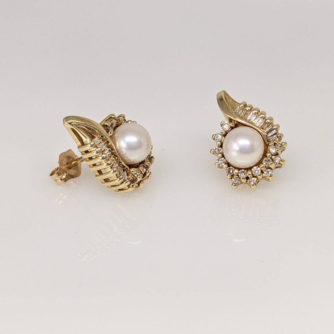 14K PEARL ROUND 5.5MM WITH ROUND/ BAGUETTE MELEE ESTATE EARRINGS 4.0 GRAMS