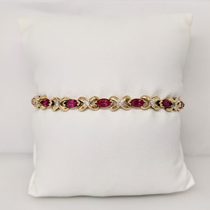 10K SYNTHETIC RUBY MARQUISE CUT 3.5X7 WITH .70 DIAMOND TOTAL WEIGHT ESTATE BRACELET 15.8 GRAMS