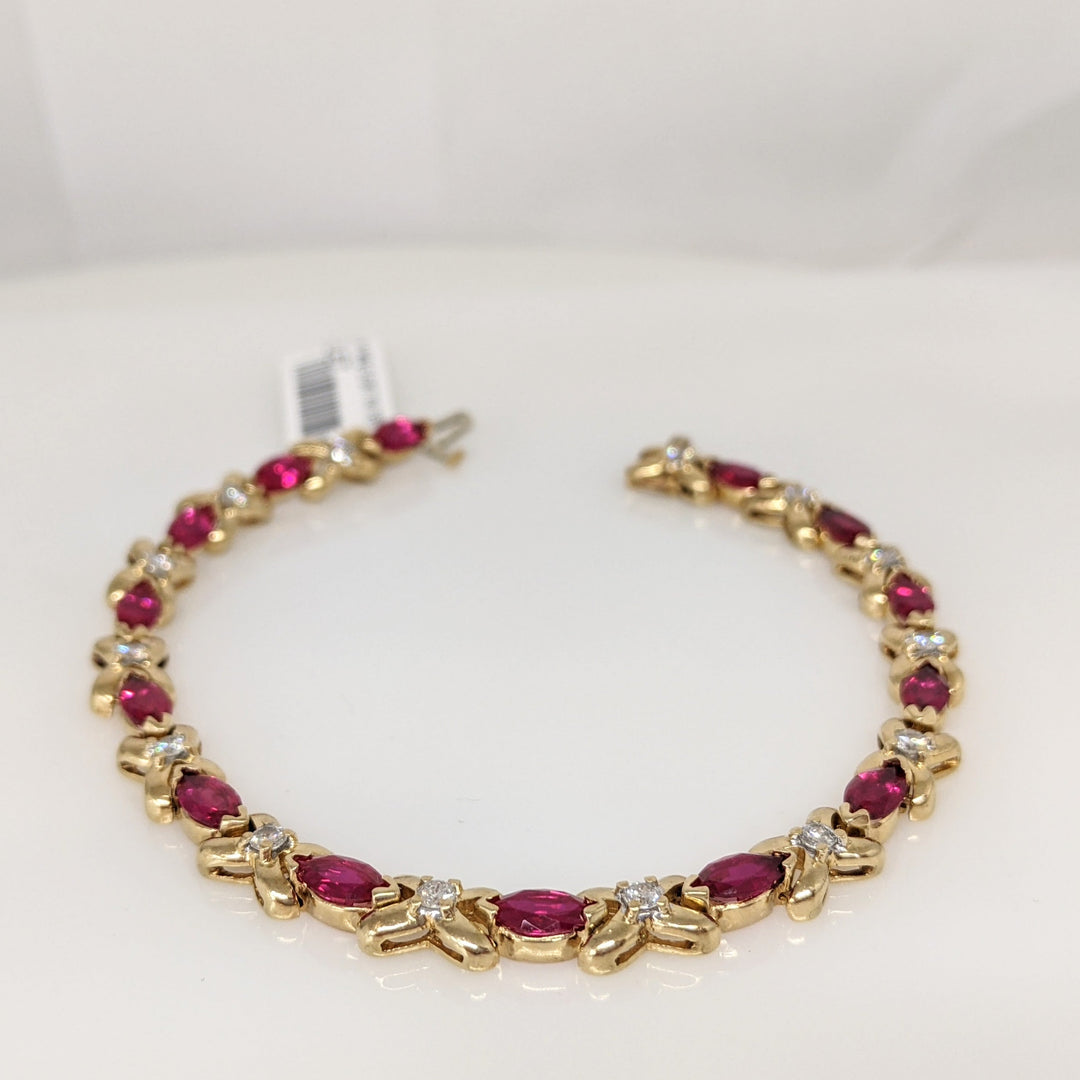 10K SYNTHETIC RUBY MARQUISE CUT 3.5X7 WITH .70 DIAMOND TOTAL WEIGHT ESTATE BRACELET 15.8 GRAMS