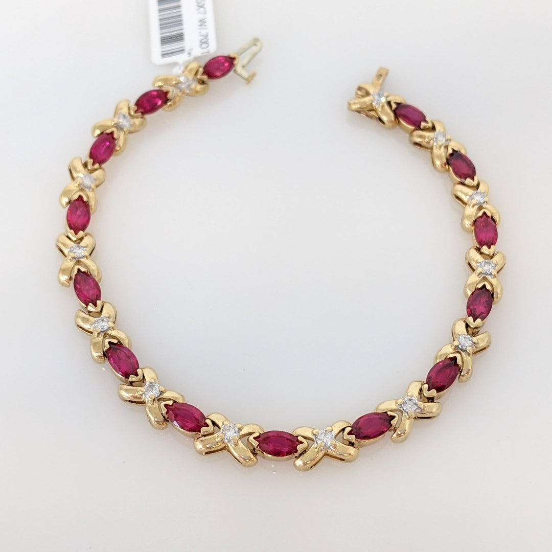 10K SYNTHETIC RUBY MARQUISE CUT 3.5X7 WITH .70 DIAMOND TOTAL WEIGHT ESTATE BRACELET 15.8 GRAMS
