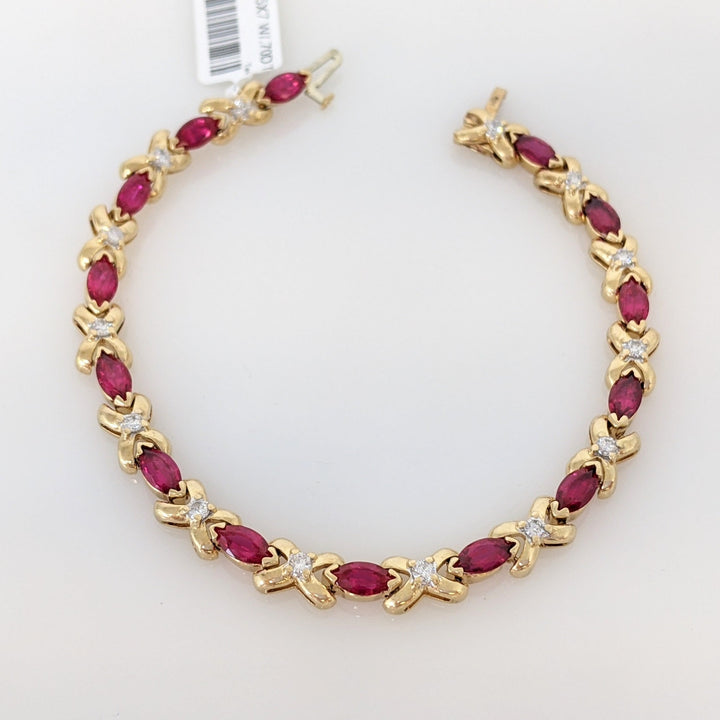 10K SYNTHETIC RUBY MARQUISE CUT 3.5X7 WITH .70 DIAMOND TOTAL WEIGHT ESTATE BRACELET 15.8 GRAMS