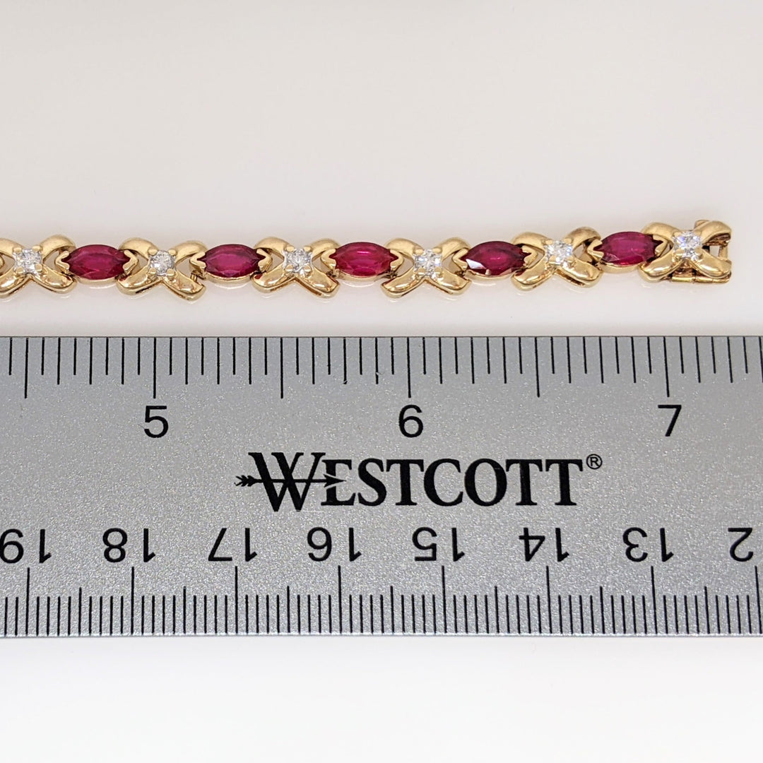 10K SYNTHETIC RUBY MARQUISE CUT 3.5X7 WITH .70 DIAMOND TOTAL WEIGHT ESTATE BRACELET 15.8 GRAMS