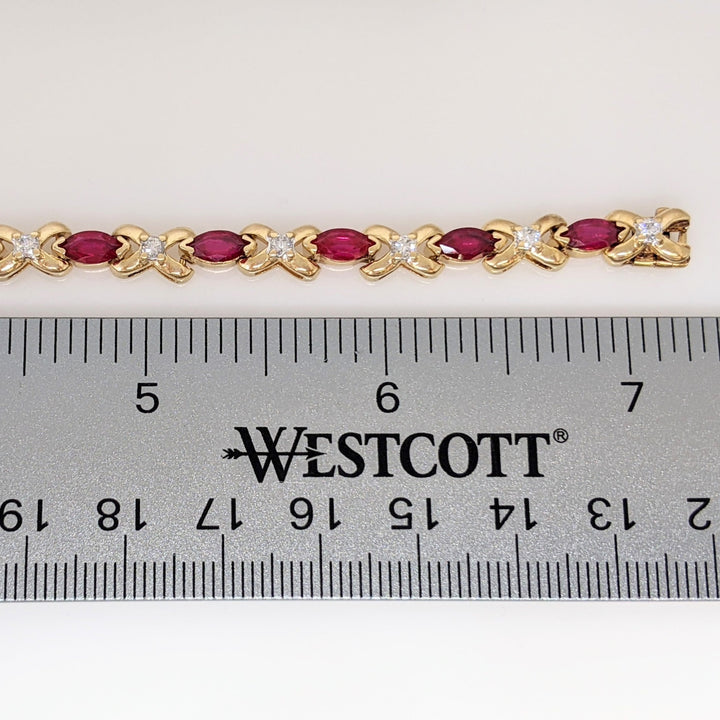 10K SYNTHETIC RUBY MARQUISE CUT 3.5X7 WITH .70 DIAMOND TOTAL WEIGHT ESTATE BRACELET 15.8 GRAMS
