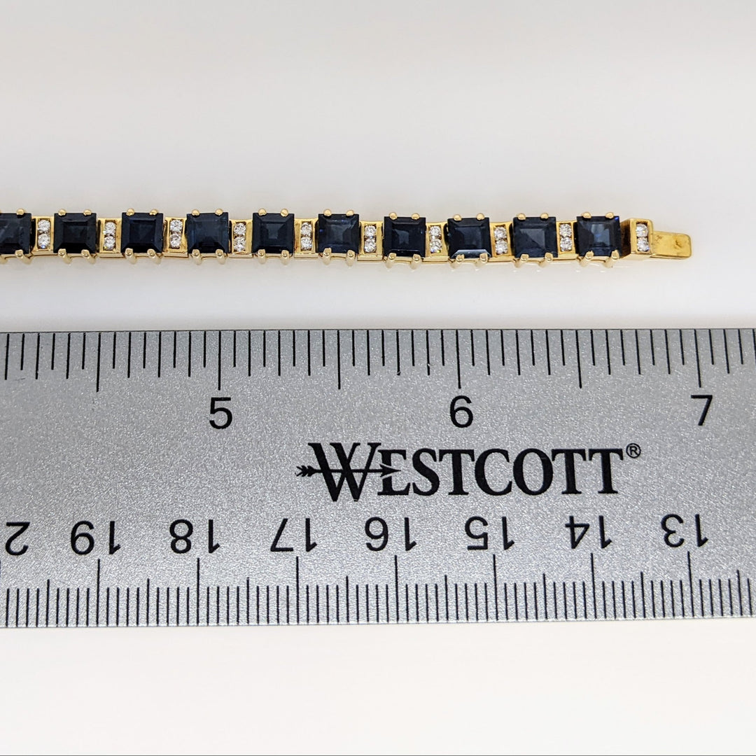 18K SAPPHIRE PRINCESS CUT 4X4 (25) WITH .50 DIAMOND TOTAL WEIGHT ESTATE BRACELET 22.3 GRAMS