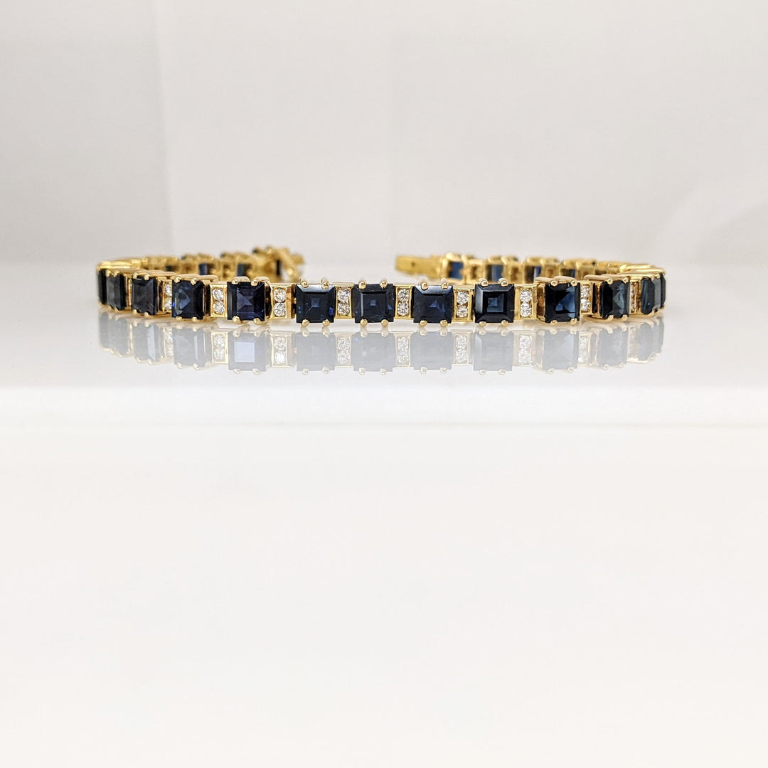 18K SAPPHIRE PRINCESS CUT 4X4 (25) WITH .50 DIAMOND TOTAL WEIGHT ESTATE BRACELET 22.3 GRAMS