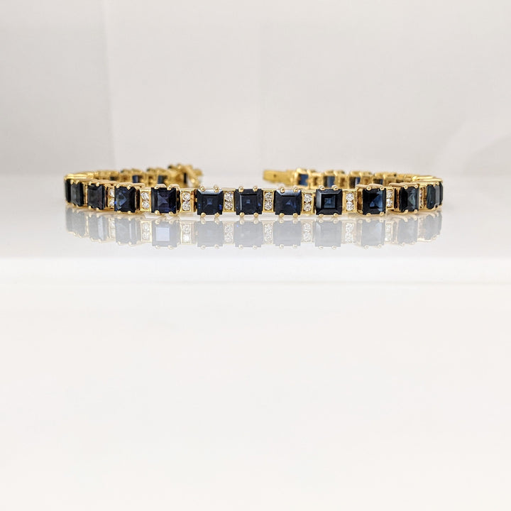 18K SAPPHIRE PRINCESS CUT 4X4 (25) WITH .50 DIAMOND TOTAL WEIGHT ESTATE BRACELET 22.3 GRAMS