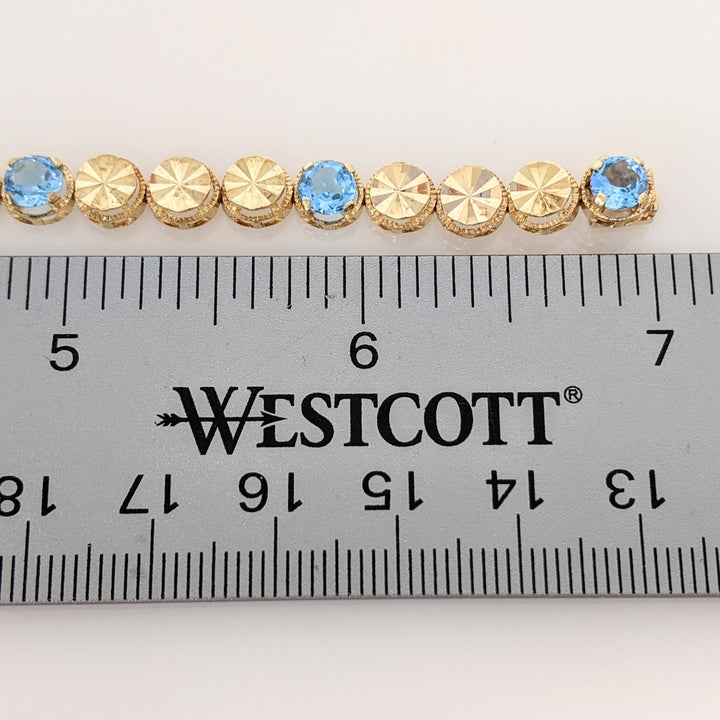 14K BLUE TOPAZ ROUND (7) 5MM TENNIS ESTATE BRACELET 10.4 GRAMS