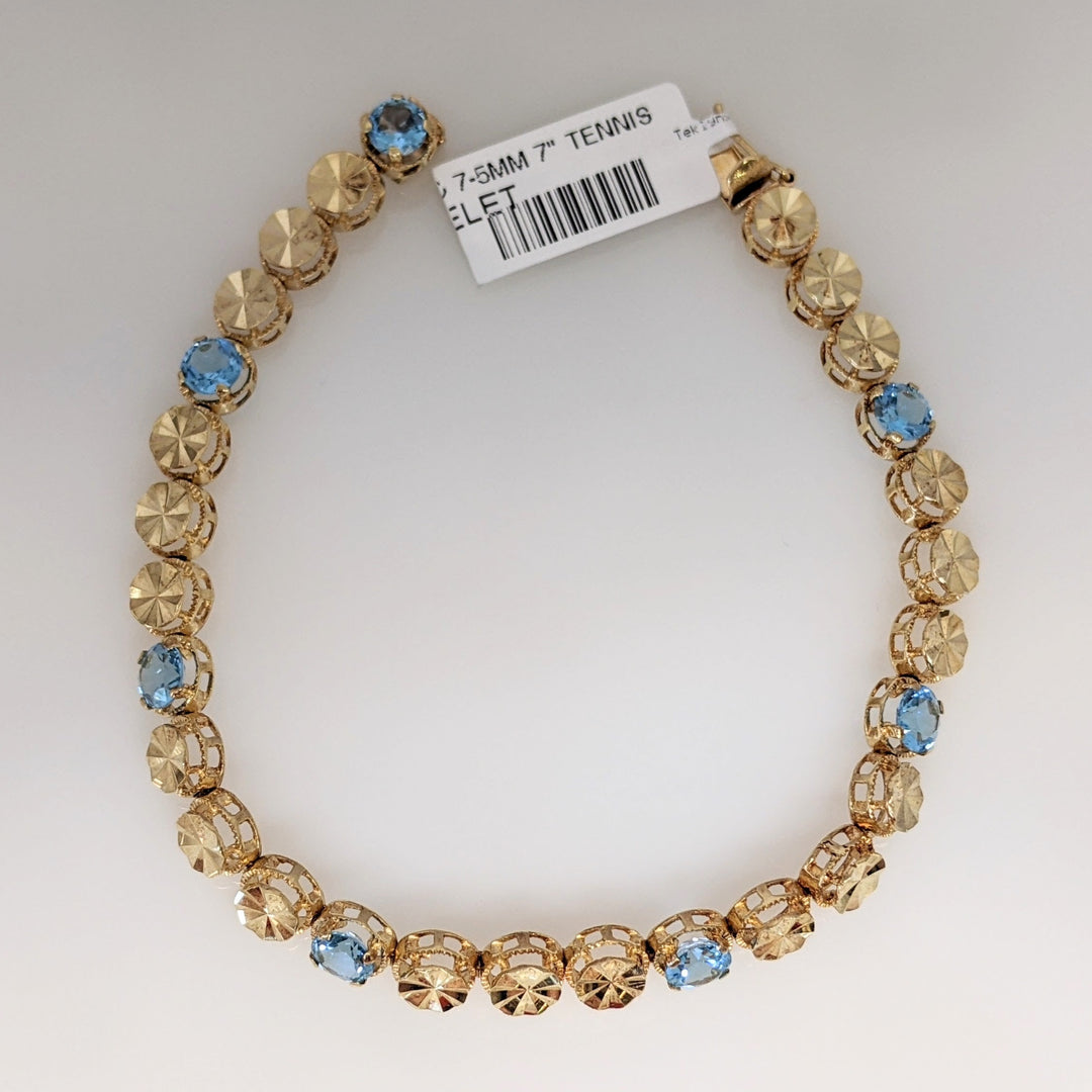 14K BLUE TOPAZ ROUND (7) 5MM TENNIS ESTATE BRACELET 10.4 GRAMS