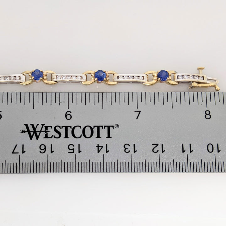 14K TWO-TONE LAB CREATED SAPPHIRE ROUND (8) 4MM WITH .67 DIAMOND CARAT TOTAL WEIGHT ESTATE BRACELET 12.7 GRAMS