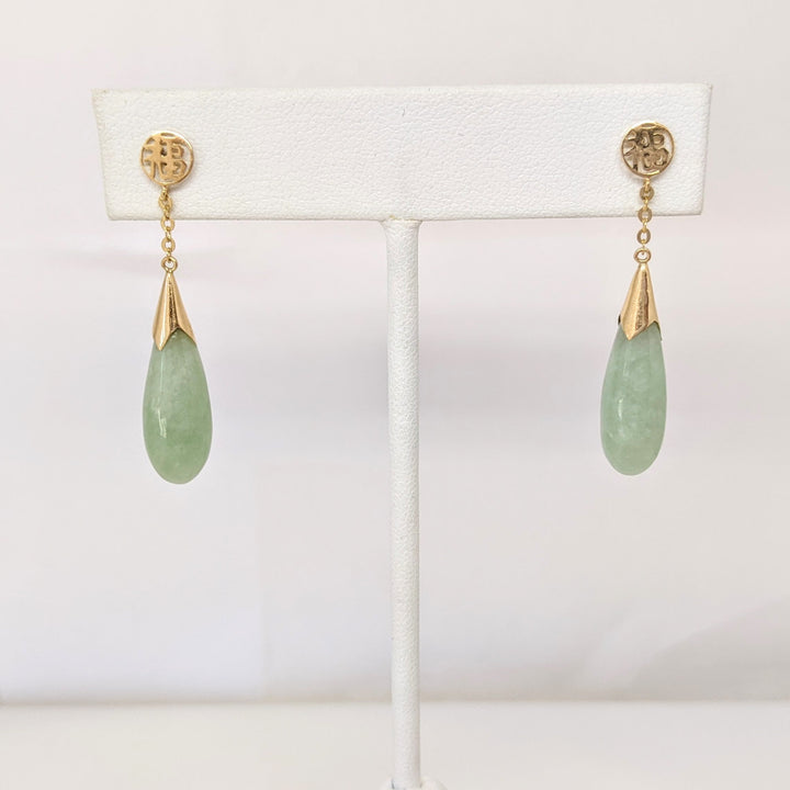 14K JADE DROP DANGLE ESTATE EARRINGS 4.4 GRAMS