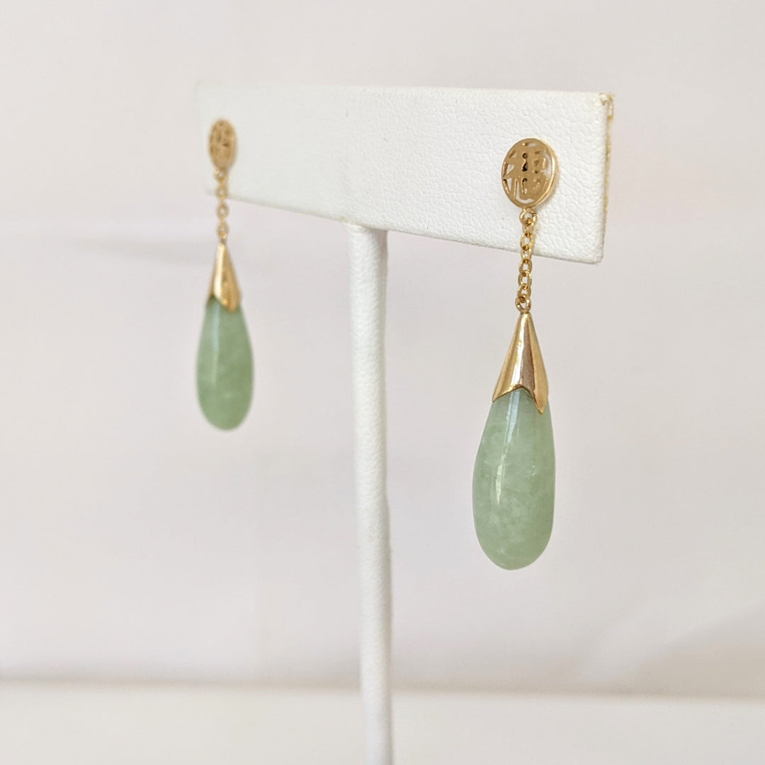 14K JADE DROP DANGLE ESTATE EARRINGS 4.4 GRAMS