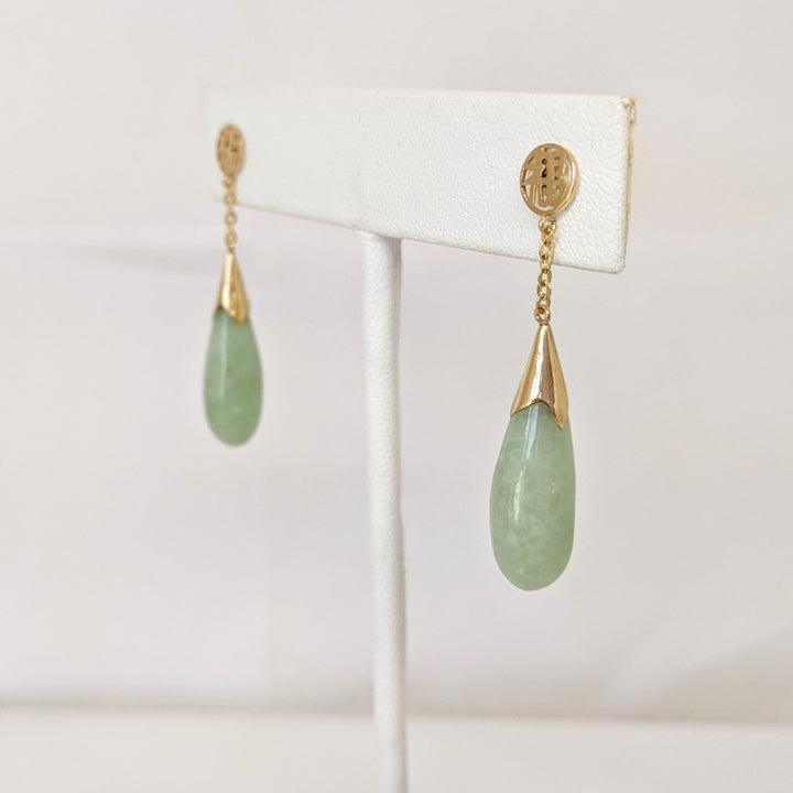 14K JADE DROP DANGLE ESTATE EARRINGS 4.4 GRAMS