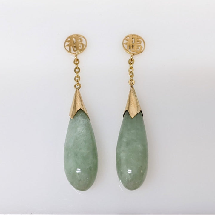 14K JADE DROP DANGLE ESTATE EARRINGS 4.4 GRAMS