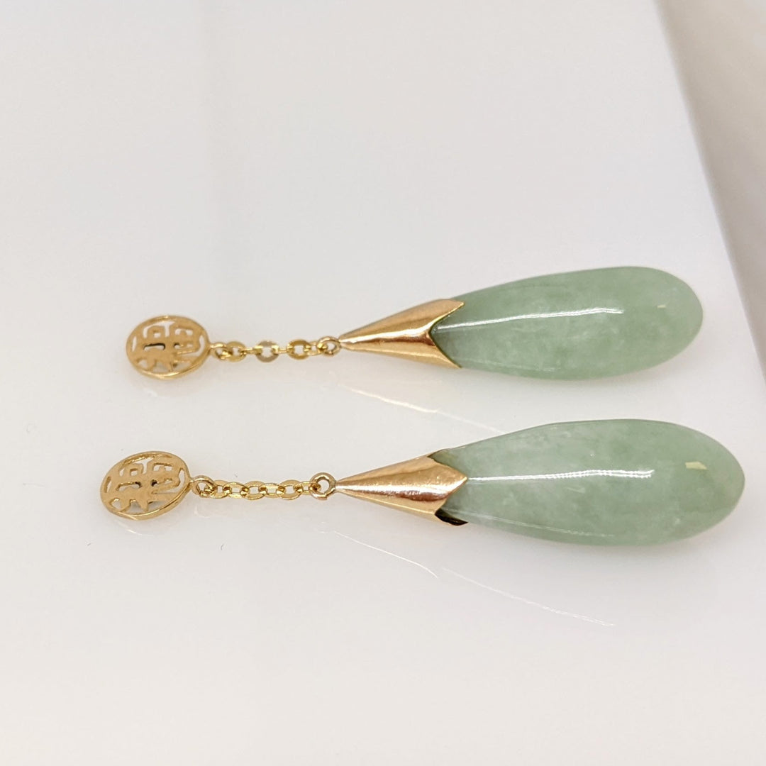 14K JADE DROP DANGLE ESTATE EARRINGS 4.4 GRAMS