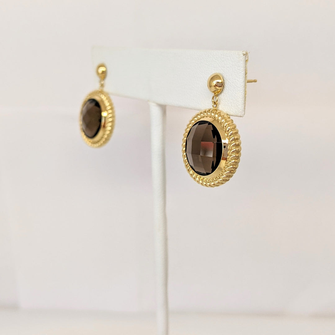 14K SMOKEY QUARTZ ROUND 12MM WITH TRIM ESTATE DANGLE EARRINGS 5.8 GRAMS