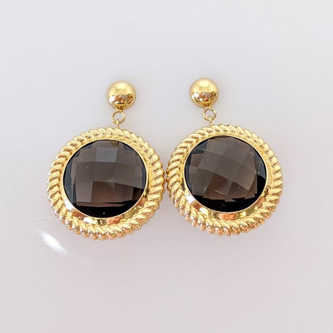 14K SMOKEY QUARTZ ROUND 12MM WITH TRIM ESTATE DANGLE EARRINGS 5.8 GRAMS