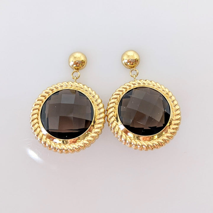 14K SMOKEY QUARTZ ROUND 12MM WITH TRIM ESTATE DANGLE EARRINGS 5.8 GRAMS