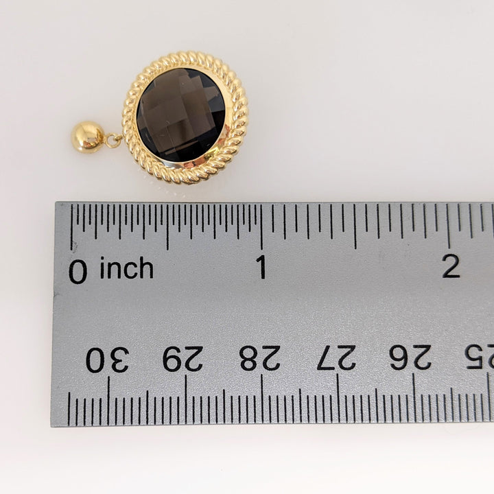 14K SMOKEY QUARTZ ROUND 12MM WITH TRIM ESTATE DANGLE EARRINGS 5.8 GRAMS