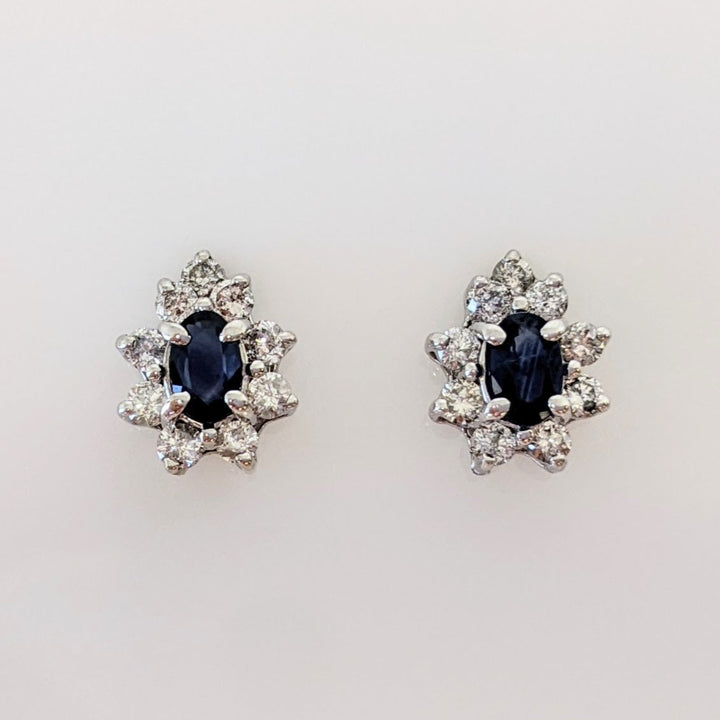 14K WHITE SAPPHIRE OVAL 3X5 (2) WITH MELEE .27 DIAMOND TOTAL WEIGHT ESTATE EARRINGS 1.1 GRAMS