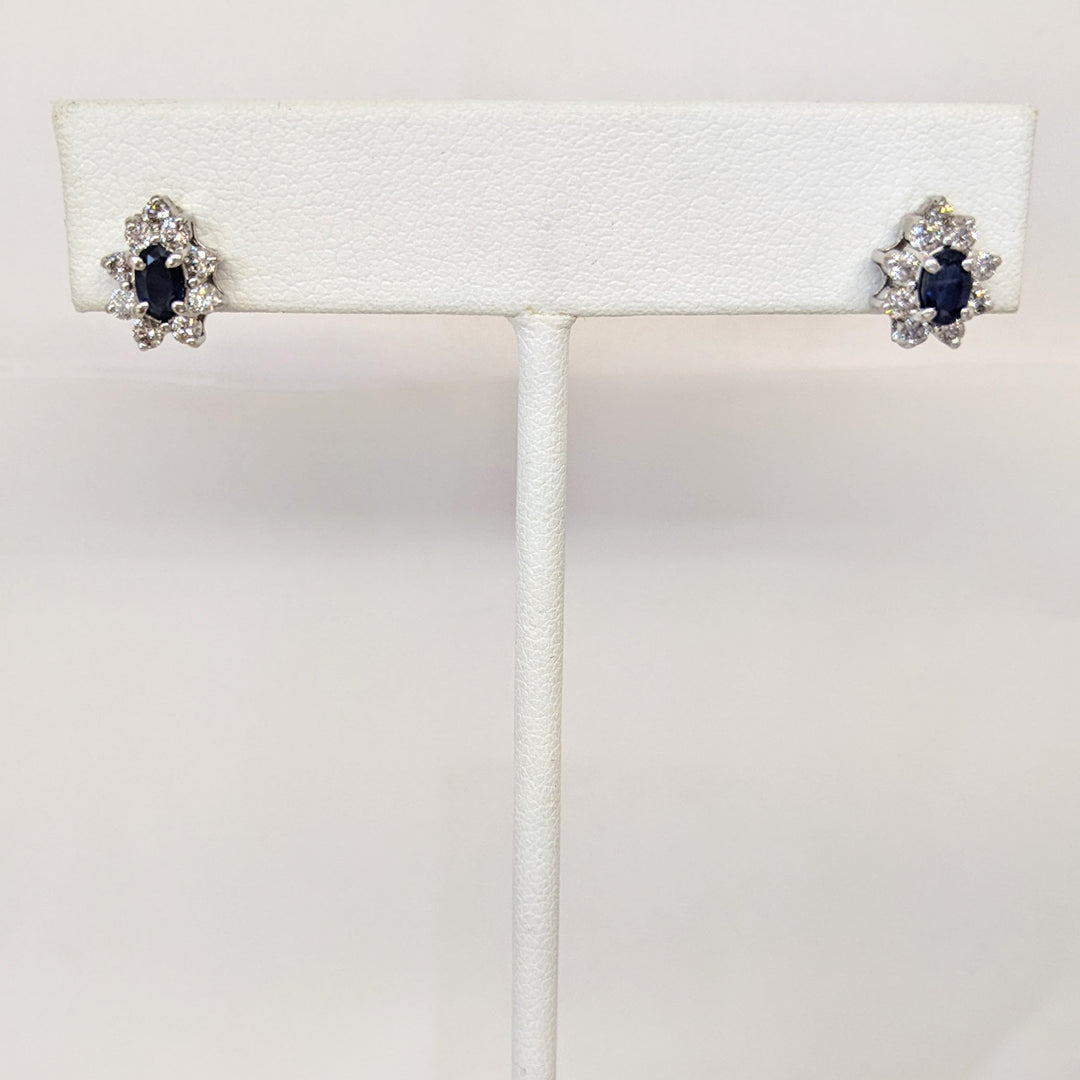 14K WHITE SAPPHIRE OVAL 3X5 (2) WITH MELEE .27 DIAMOND TOTAL WEIGHT ESTATE EARRINGS 1.1 GRAMS